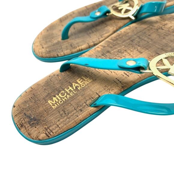 Michael Kors Teal Blue Gold Logo Thongs Sandals Flip Flops Shoes Flats sz 6 - Picture 15 of 16